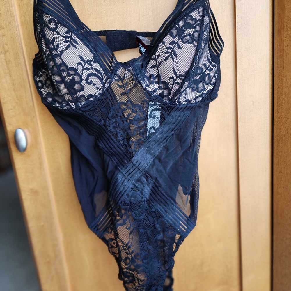 Bodysuit - black with lace accents over bodice and legs. Size L.